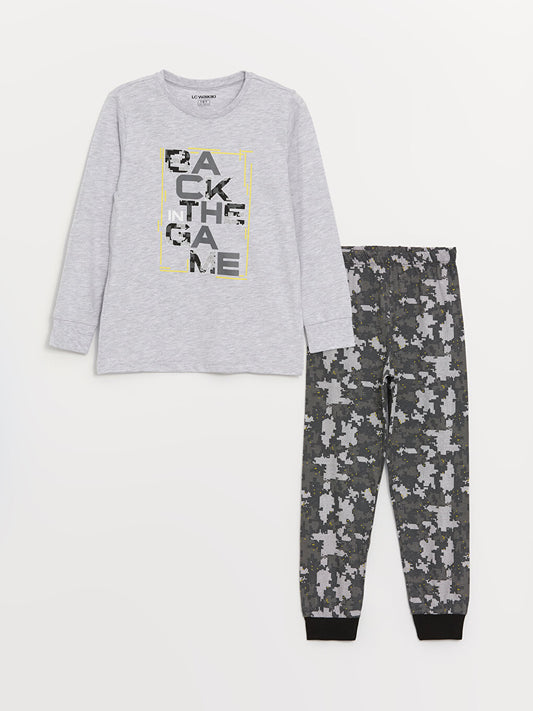 Crew Neck Printed Long Sleeve Boys' Pajama Set