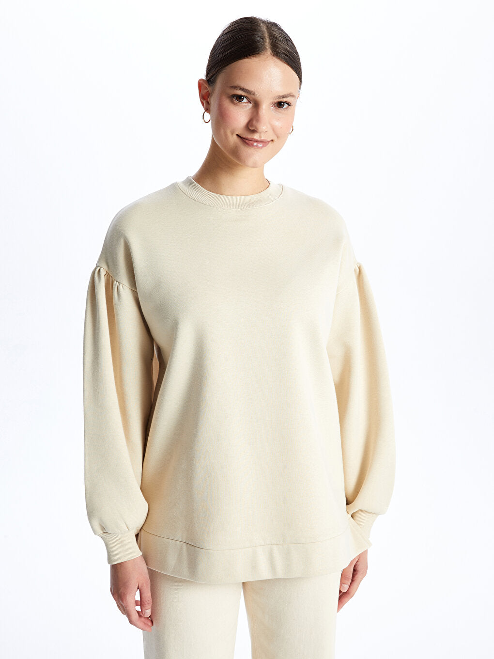 Crew Neck Plain Long Sleeve Women's Sweatshirt Tunic