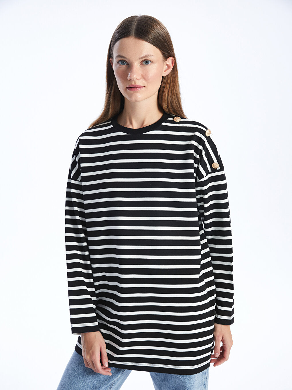 Crew Neck Striped Long Sleeve Women's Tunic