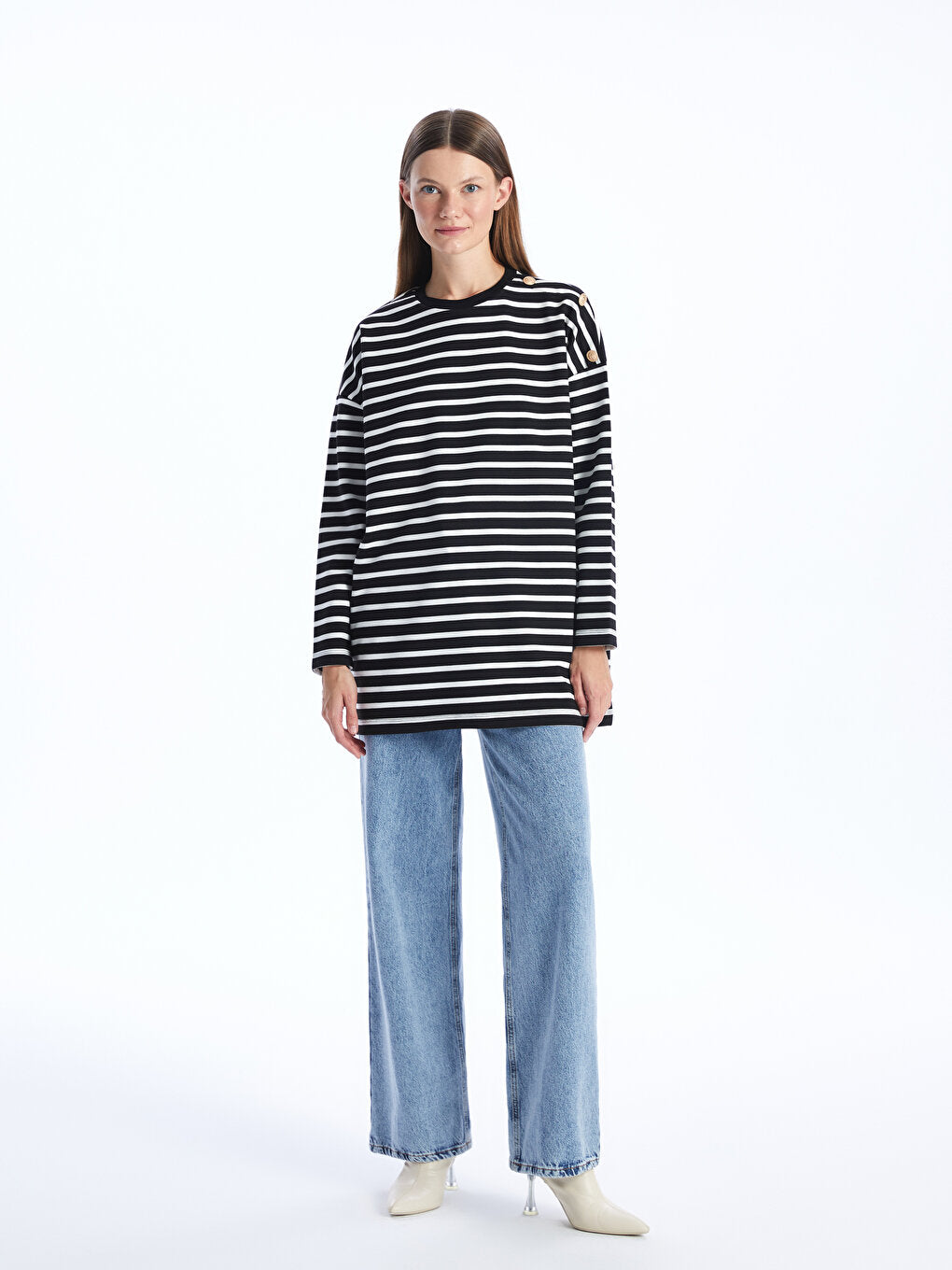 Crew Neck Striped Long Sleeve Women's Tunic