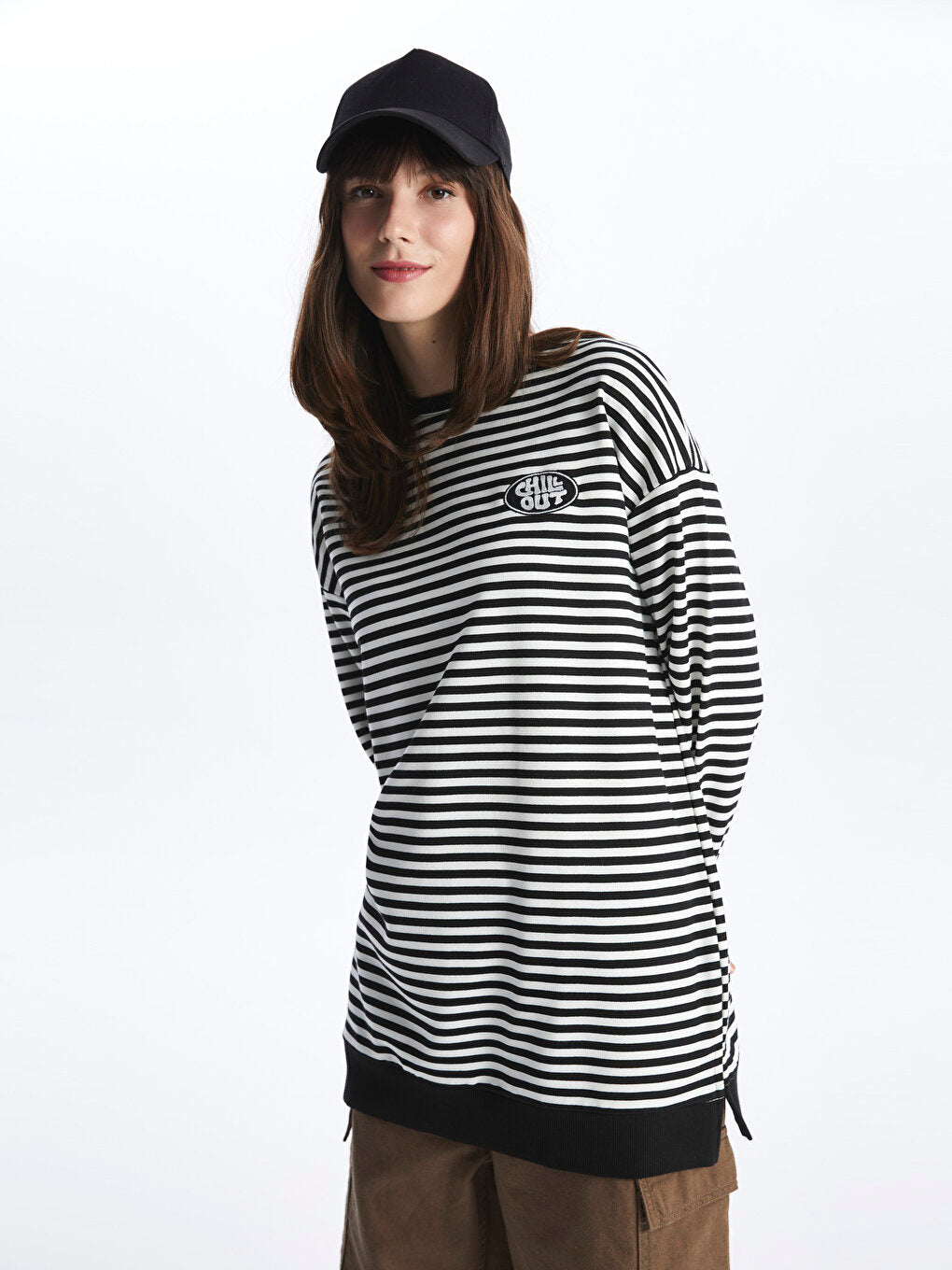 Crew Neck Striped Long Sleeve Women's Tunic