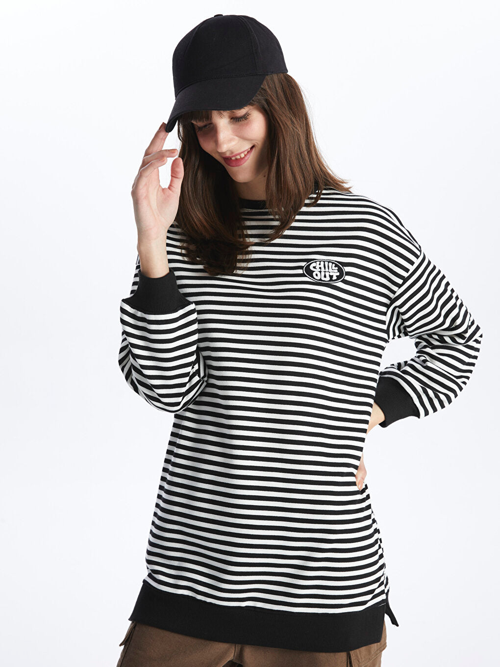 Crew Neck Striped Long Sleeve Women's Tunic