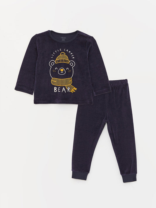 Crew Neck Long Sleeve Printed Velvet Baby Boy Pajama Set