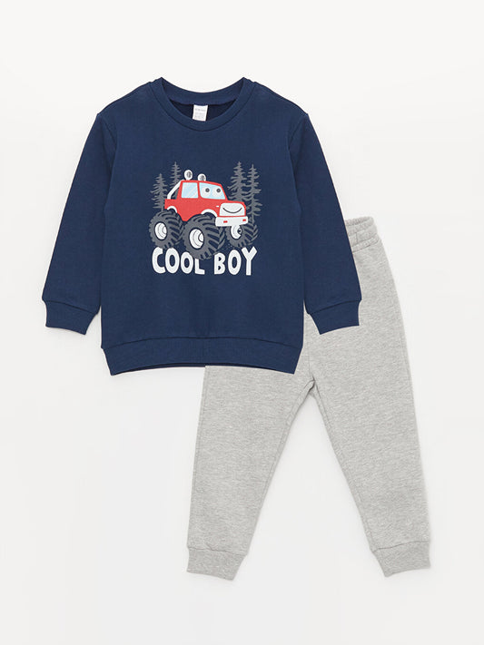 Crew Neck Long Sleeve Printed Baby Boy Sweatshirt and Tracksuit Bottom 2-Piece Set