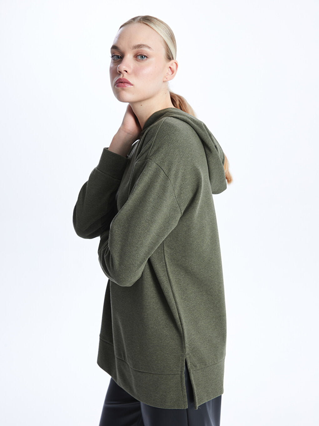 Hooded Plain Long Sleeve Oversize Women's Sweatshirt Tunic