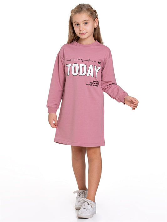 Crew Neck Printed Long Sleeve Girl's Dress