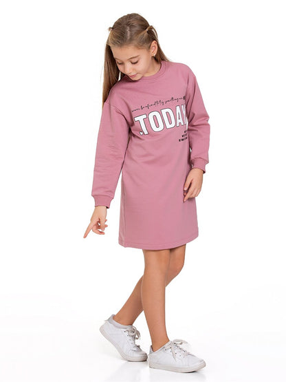 Crew Neck Printed Long Sleeve Girl's Dress