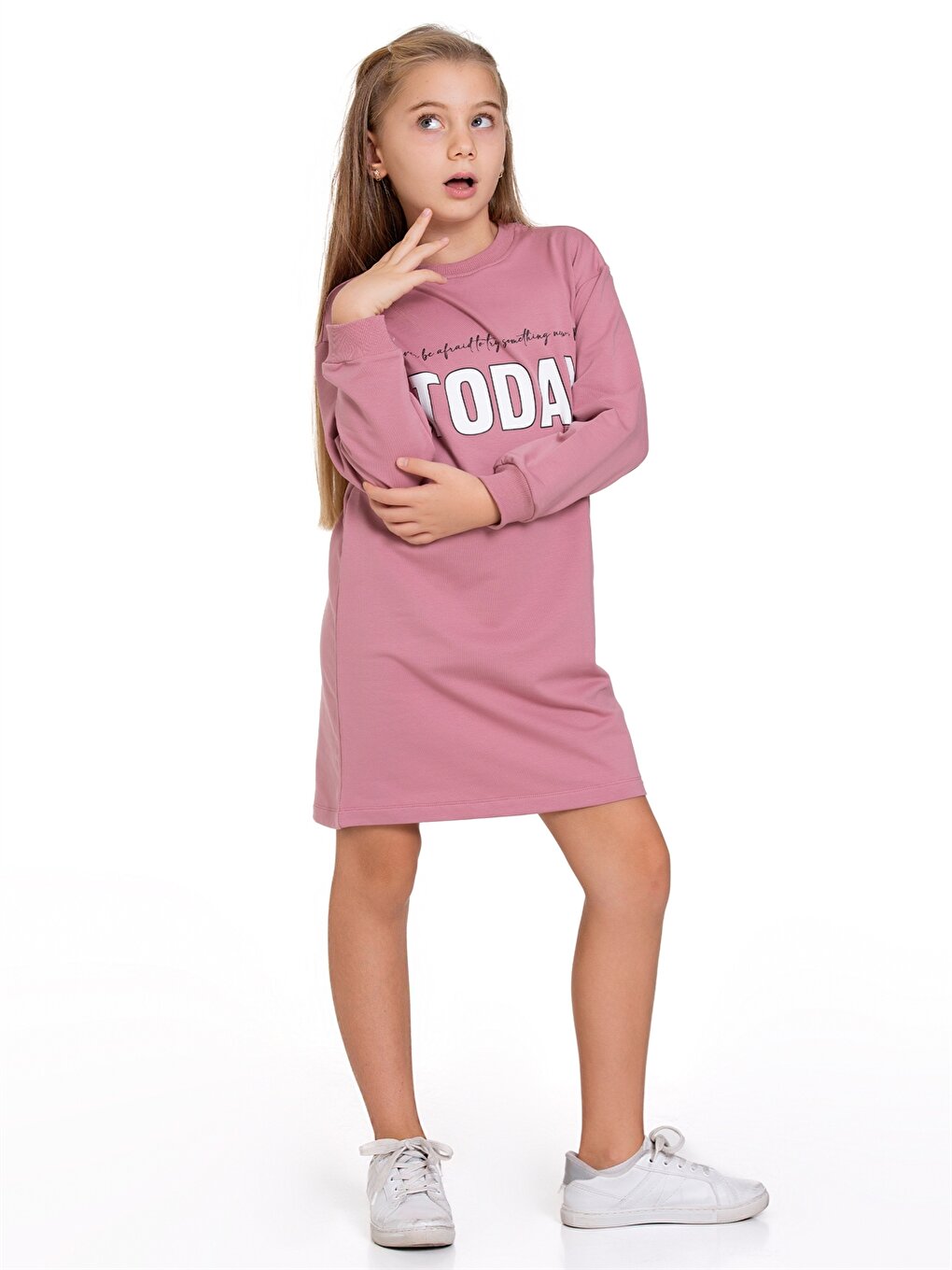 Crew Neck Printed Long Sleeve Girl's Dress