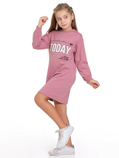 Crew Neck Printed Long Sleeve Girl's Dress