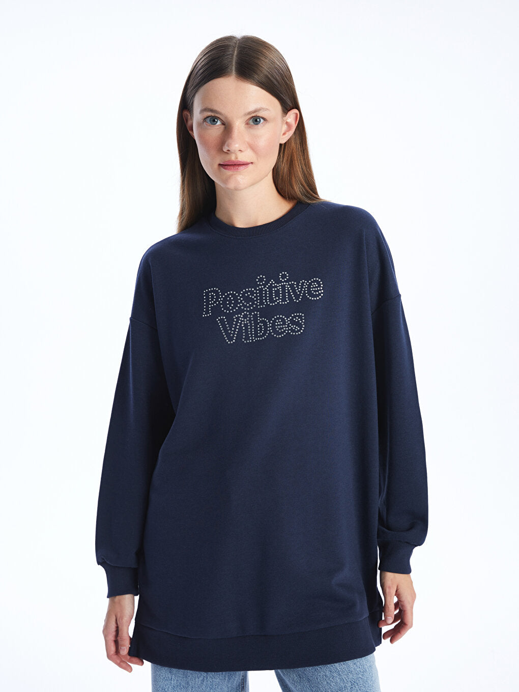 Crew Neck Stone Printed Long Sleeve Oversize Women's Sweatshirt Tunic