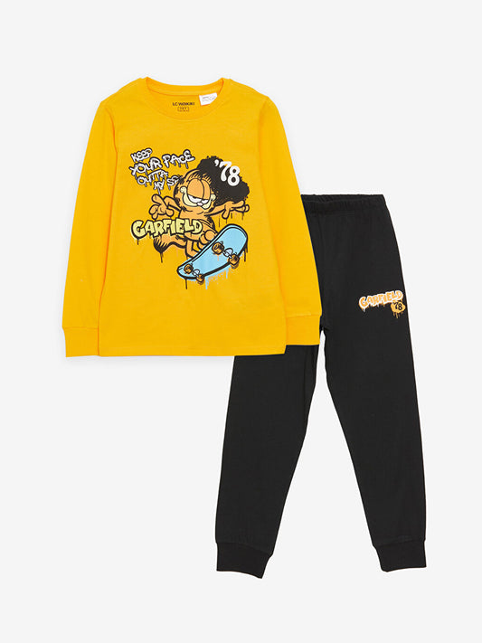 Crew Neck Garfield Printed Long Sleeve Boy's Pajama Set