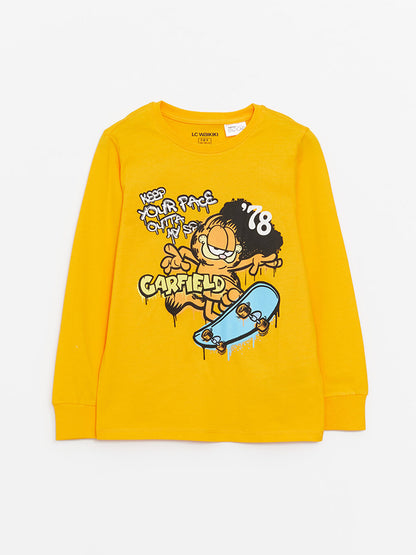 Crew Neck Garfield Printed Long Sleeve Boy's Pajama Set