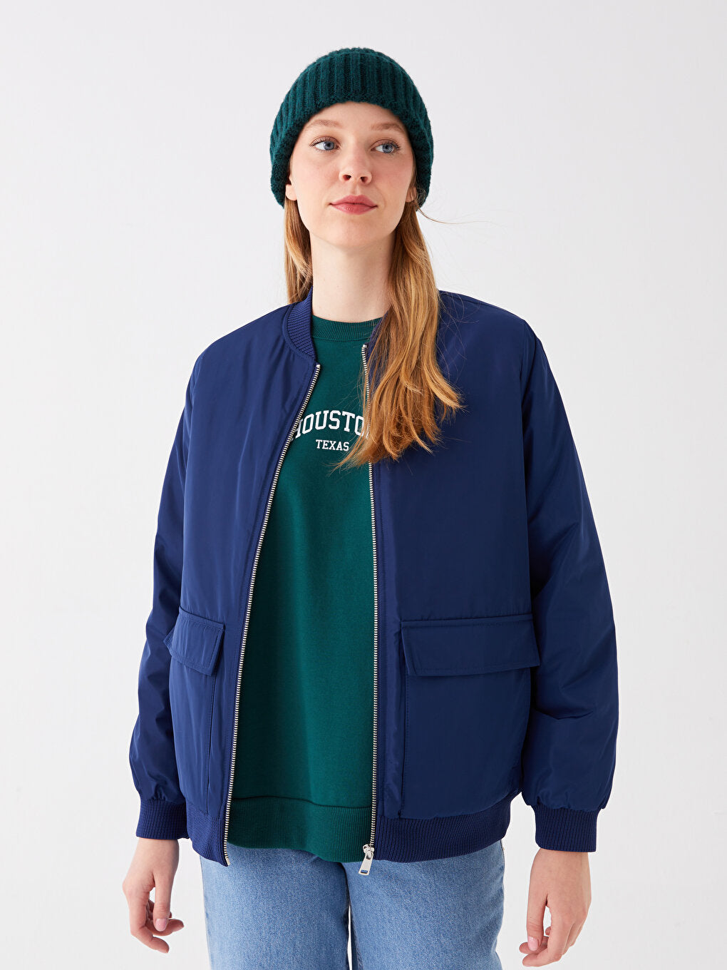 Women's College Collar Plain Bomber Coat