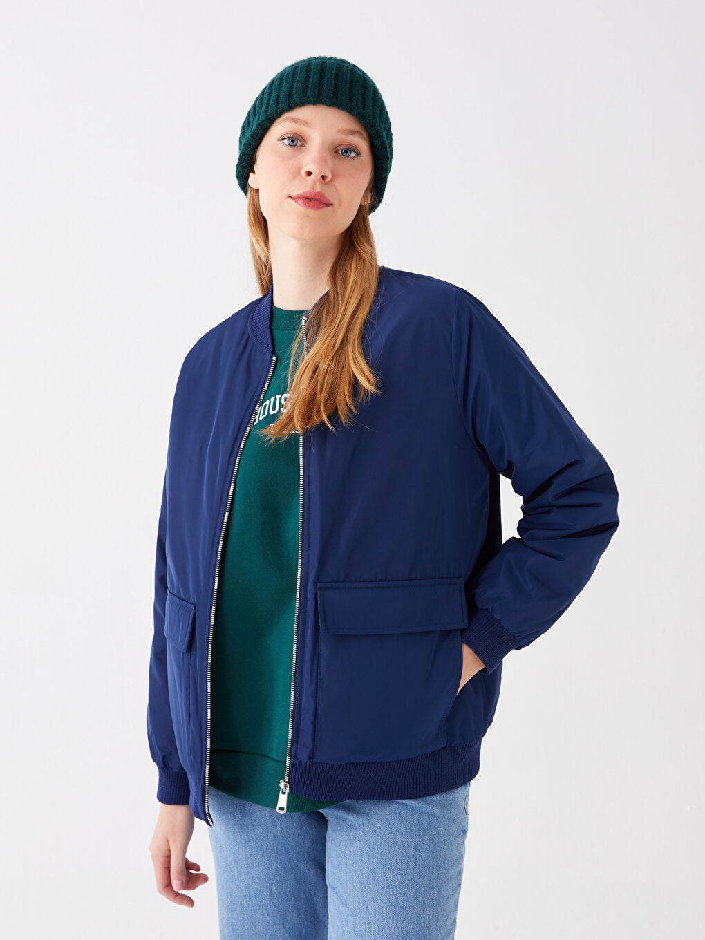 Women's College Collar Plain Bomber Coat