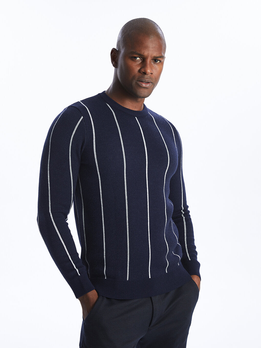 Crew Neck Long Sleeve Striped Men's Knitwear Sweater