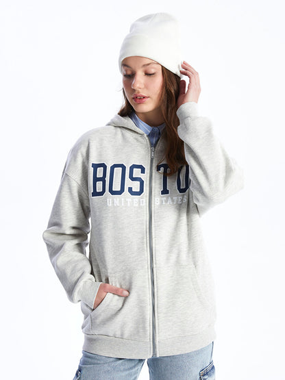 Hooded Printed Long Sleeve Oversize Women's Zipper Sweatshirt