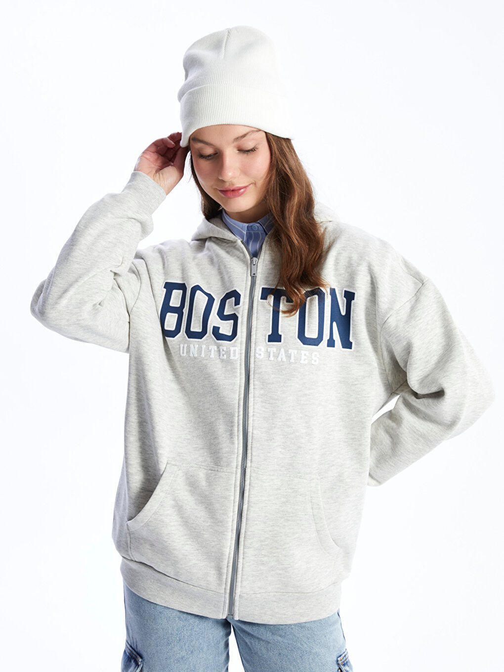 Hooded Printed Long Sleeve Oversize Women's Zipper Sweatshirt