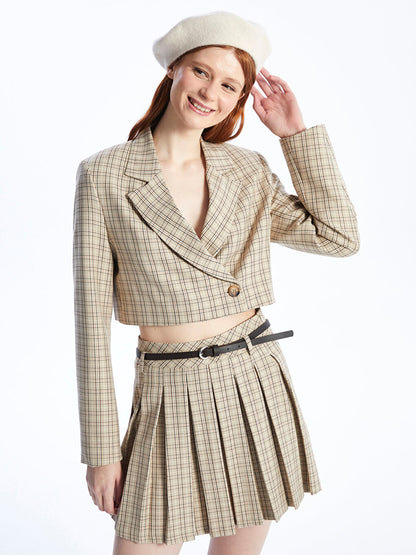 Plaid Long Sleeve Crop Women's Blazer Jacket