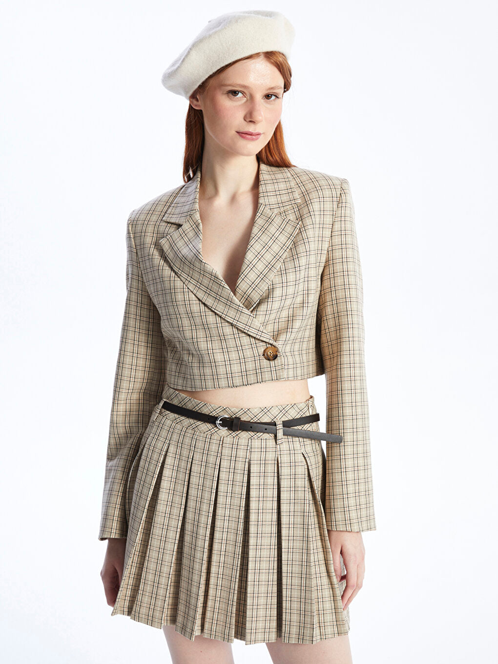 Plaid Long Sleeve Crop Women's Blazer Jacket