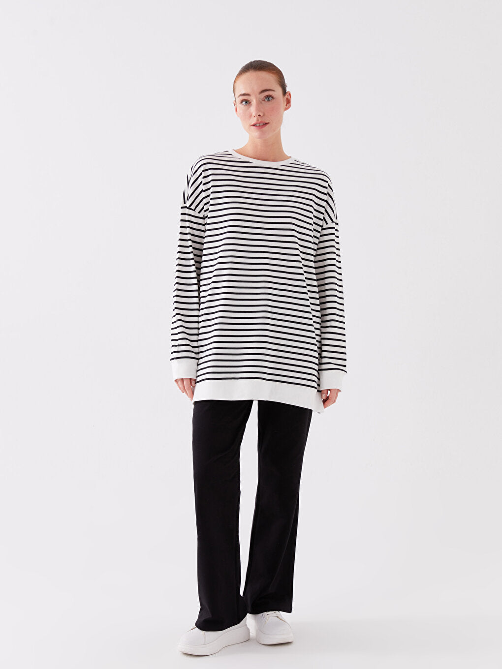 Crew Neck Striped Long Sleeve Oversize Women's Tunic