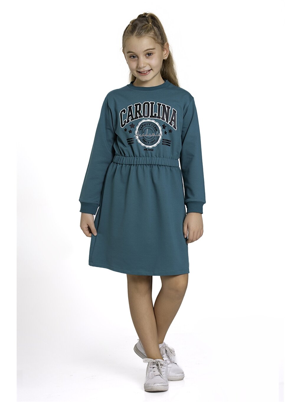 Crew Neck Patterned Long Sleeve Girl's Dress