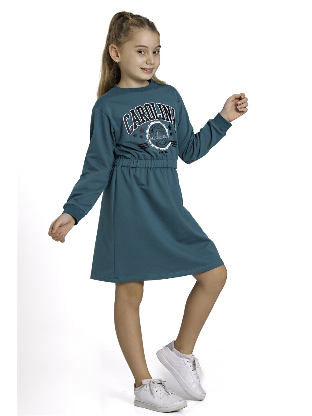 Crew Neck Patterned Long Sleeve Girl's Dress