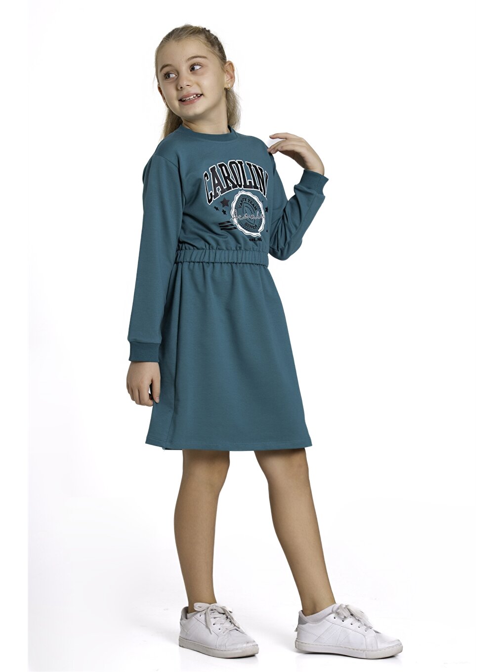 Crew Neck Patterned Long Sleeve Girl's Dress