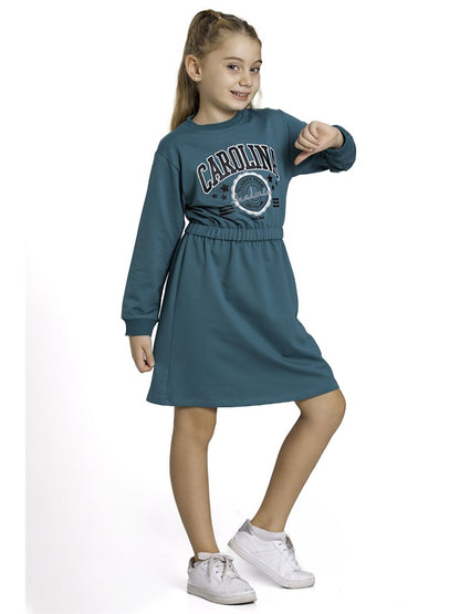 Crew Neck Patterned Long Sleeve Girl's Dress