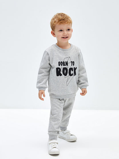 Crew Neck Long Sleeve Printed Baby Boy Sweatshirt and Tracksuit Bottom 2-Piece Set