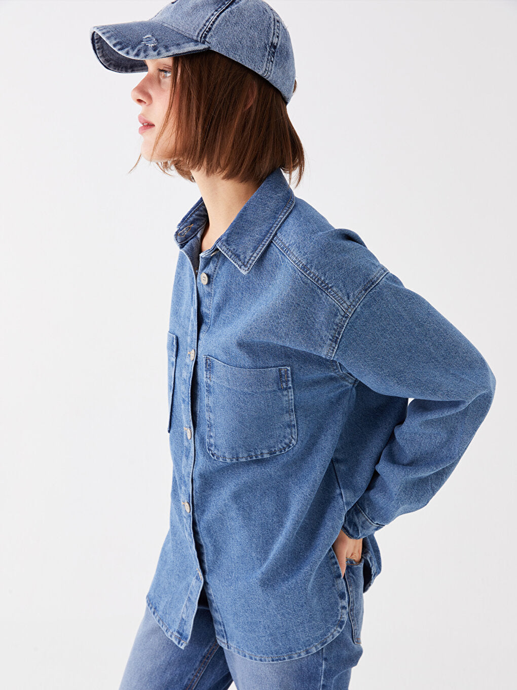 Plain Long Sleeve Oversize Women's Jean Shirt Jacket