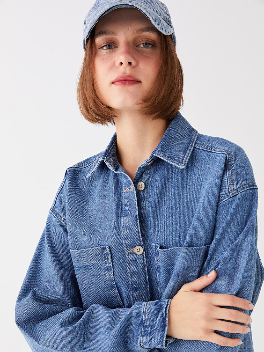 Plain Long Sleeve Oversize Women's Jean Shirt Jacket