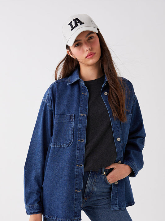 Plain Long Sleeve Oversize Women's Jean Shirt Jacket