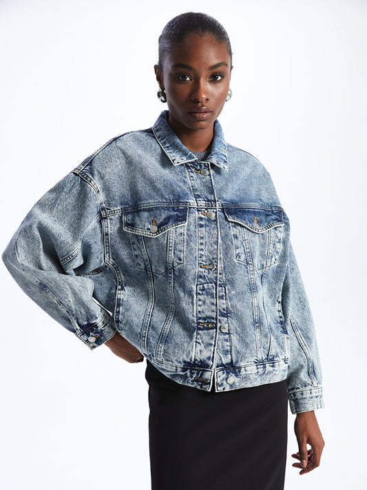 Shirt Collar Plain Long Sleeve Oversize Women's Jean Jacket