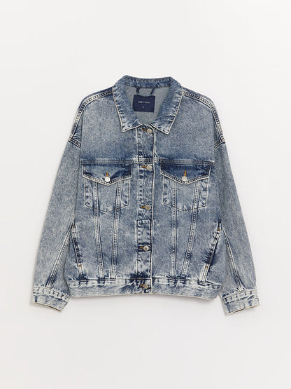 Shirt Collar Plain Long Sleeve Oversize Women's Jean Jacket