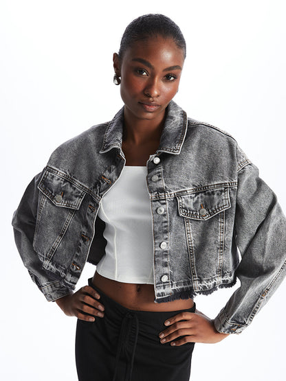 Shirt Collar Plain Long Sleeve Oversize Women's Jean Jacket