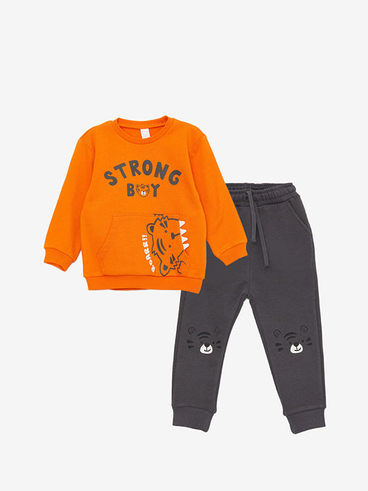 Crew Neck Long Sleeve Printed Baby Boy Sweatshirt and Tracksuit Bottom 2-Piece Set