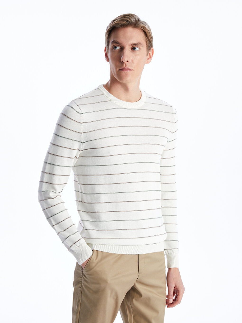 Crew Neck Striped Long Sleeve Men's Knitwear Sweater