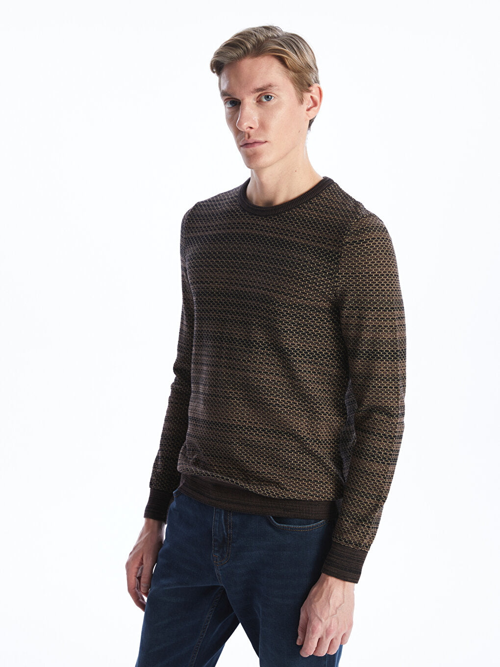 Crew Neck Patterned Long Sleeve Men's Knitwear Sweater