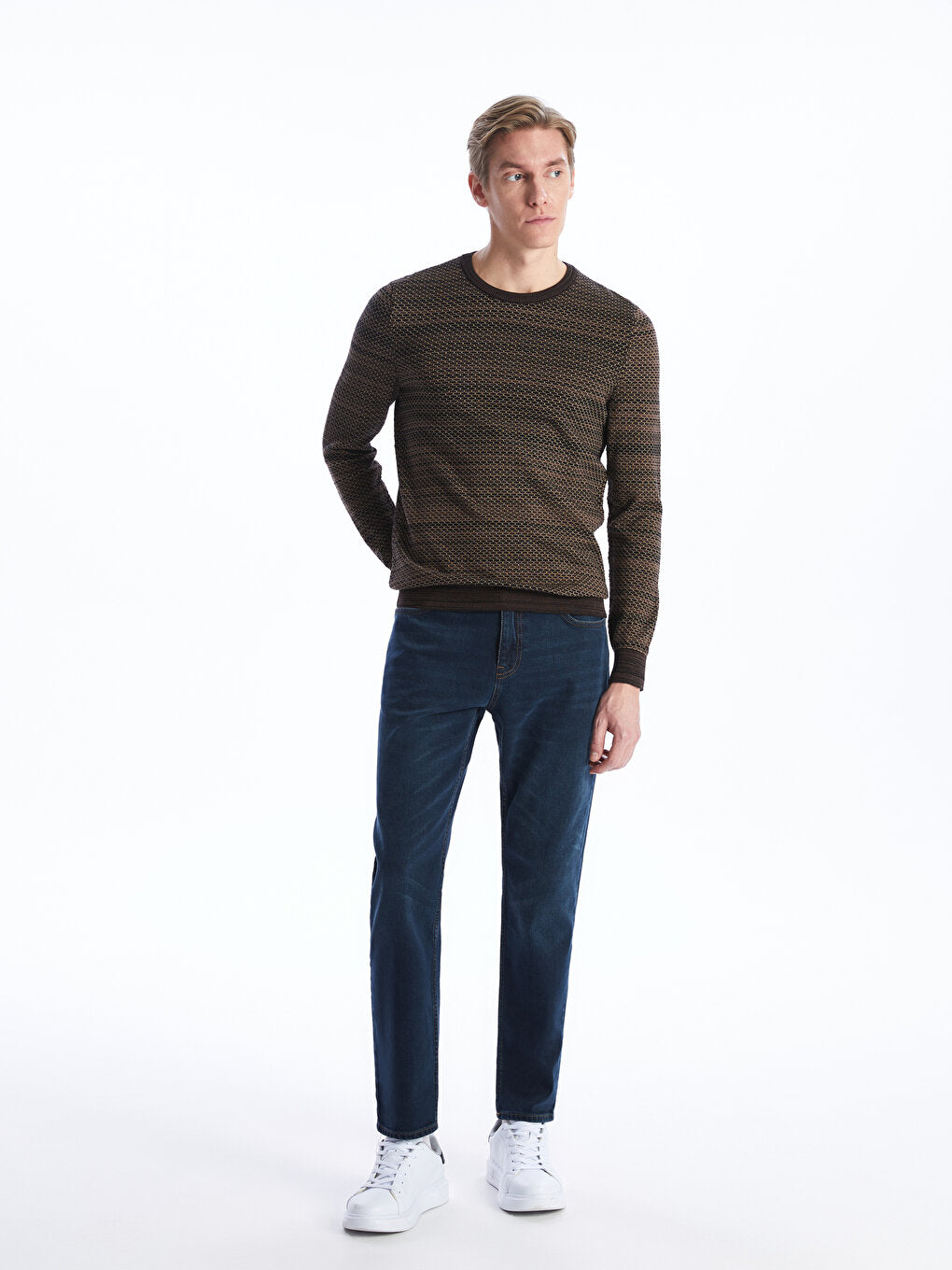 Crew Neck Patterned Long Sleeve Men's Knitwear Sweater