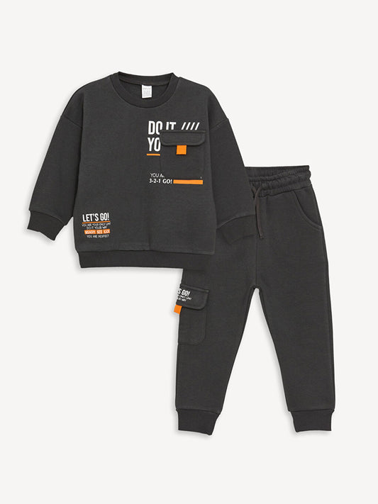 Crew Neck Printed Long Sleeve Baby Boy Sweatshirt and Sweatpants 2-Piece Set