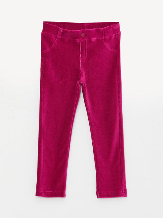 Basic Velvet Girls' Trousers with Elastic Waist