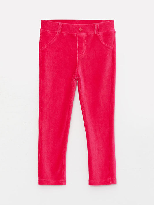 Basic Velvet Girls' Trousers with Elastic Waist