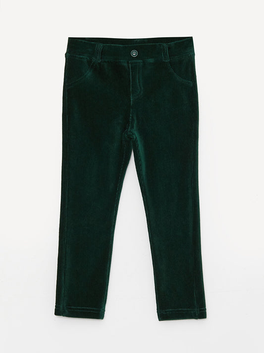 Basic Velvet Girls' Trousers with Elastic Waist