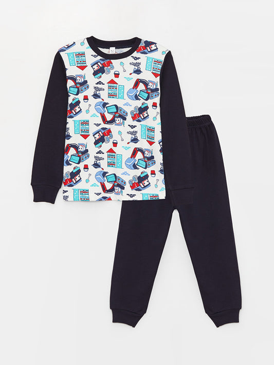 Crew Neck Printed Long Sleeve Boys' Pajama Set