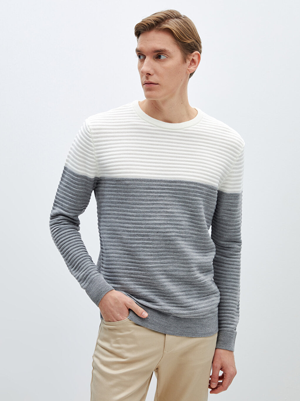 Crew Neck Long Sleeve Color Block Men's Knitwear Sweater