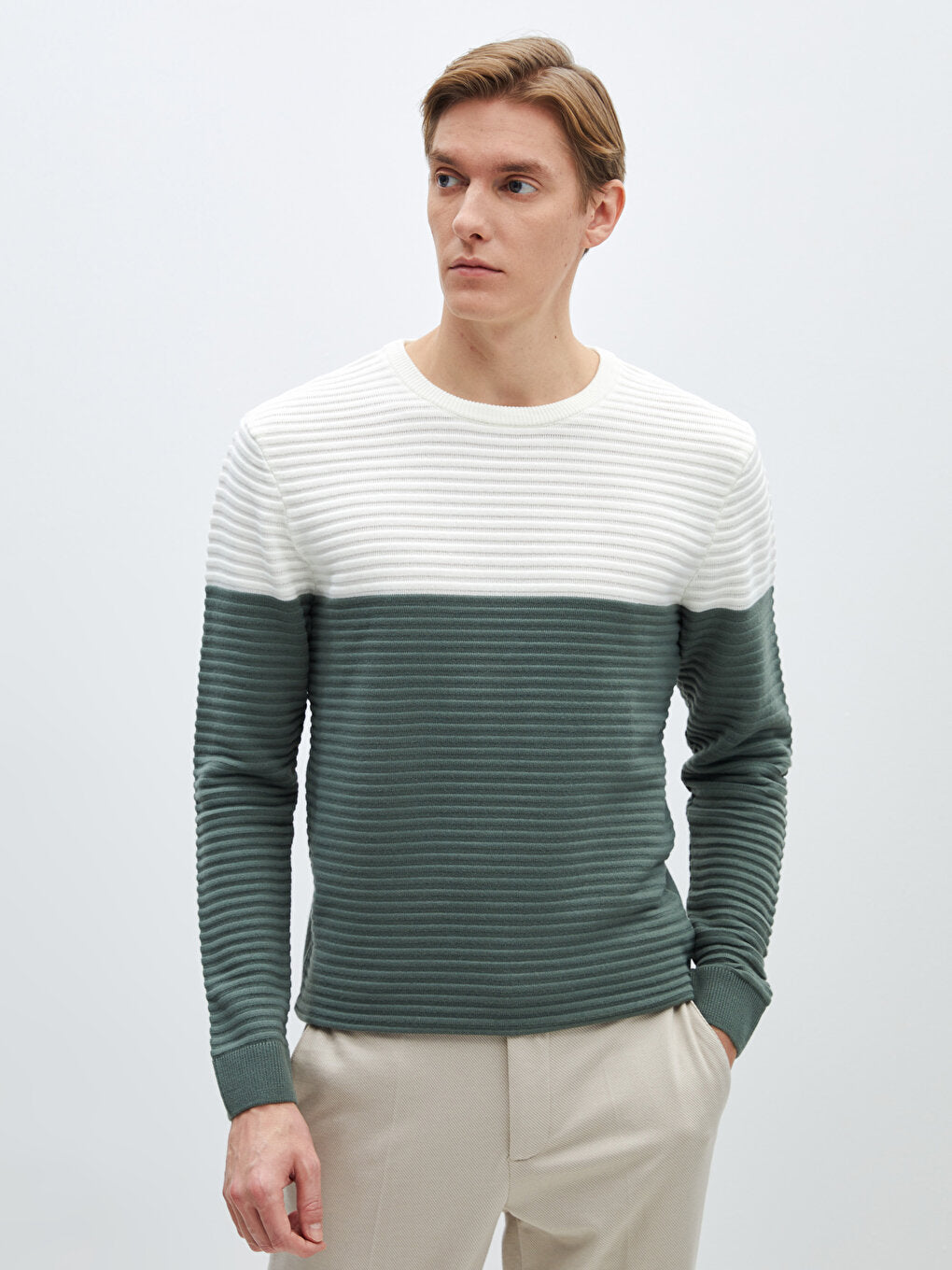 Crew Neck Long Sleeve Color Block Men's Knitwear Sweater