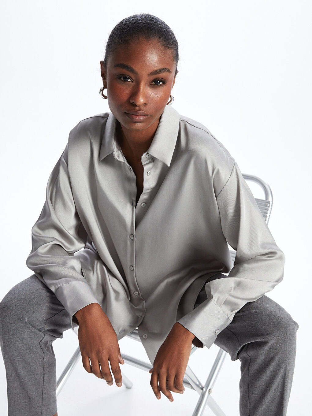 Plain Long Sleeve Oversize Satin Women's Shirt