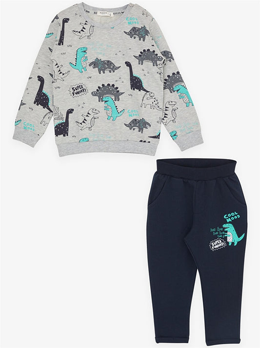 Crew Neck Long Sleeve Printed Baby Boy 2 Piece Set