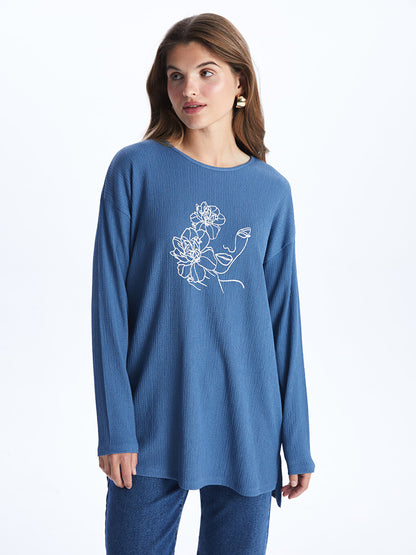 Crew Neck Printed Long Sleeve Oversize Women's Tunic