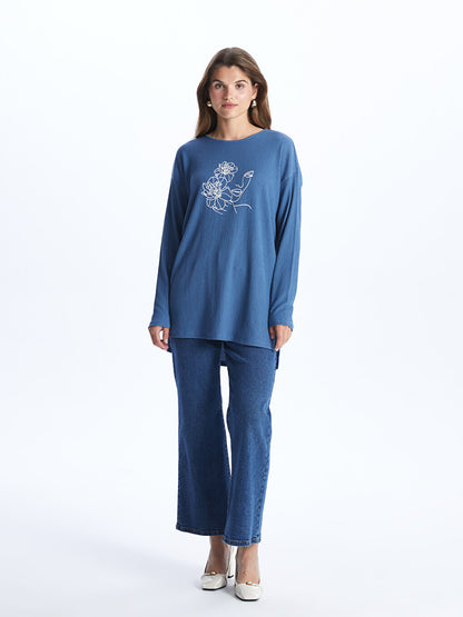 Crew Neck Printed Long Sleeve Oversize Women's Tunic